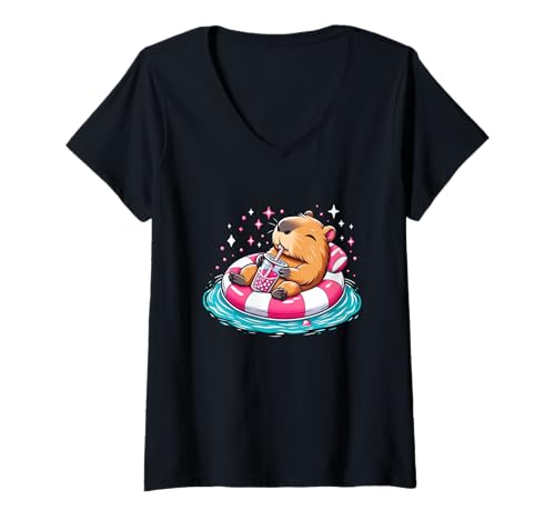 Damen Niedliche Capybara On Pool Float Drinking Bubble Tea Lover Girls T-Shirt mit V-Ausschnitt Damen Niedliche Capybara On Pool Float Drinking Bubble Tea Lover Girls T-Shirt mit V-Ausschnitt von Capybara On Pool Float Drinking Bubble Tea