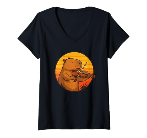 Damen Capybara spielt Violine T-Shirt mit V-Ausschnitt Damen Capybara spielt Violine T-Shirt mit V-Ausschnitt von Capybara Playing Violin Collection