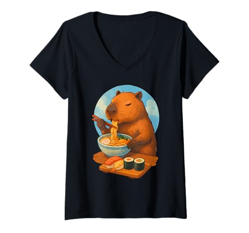 Damen Capybara isst Ramen Nudeln Japanisches Vintage T-Shirt mit V-Ausschnitt Damen Capybara isst Ramen Nudeln Japanisches Vintage T-Shirt mit V-Ausschnitt von Capybara Ramen Nudeln Retro Kawaii Shop