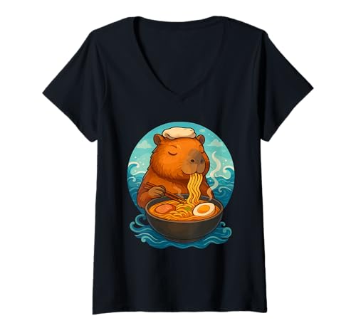 Damen Capybara isst Ramen Nudeln Japanisches Vintage T-Shirt mit V-Ausschnitt Damen Capybara isst Ramen Nudeln Japanisches Vintage T-Shirt mit V-Ausschnitt von Capybara Ramen Nudeln Retro Kawaii Shop