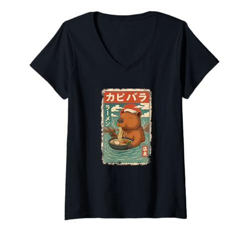 Damen Capybara isst Ramen Nudeln Japanisches Vintage T-Shirt mit V-Ausschnitt von Capybara Ramen Nudeln Retro Kawaii Shop
