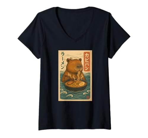 Damen Capybara isst Ramen Nudeln Japanisches Vintage T-Shirt mit V-Ausschnitt von Capybara Ramen Nudeln Retro Kawaii Shop
