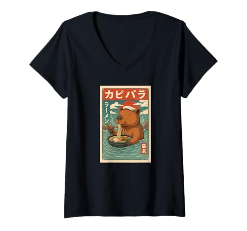 Damen Capybara isst Ramen Nudeln Japanisches Vintage T-Shirt mit V-Ausschnitt Damen Capybara isst Ramen Nudeln Japanisches Vintage T-Shirt mit V-Ausschnitt von Capybara Ramen Nudeln Retro Kawaii Shop