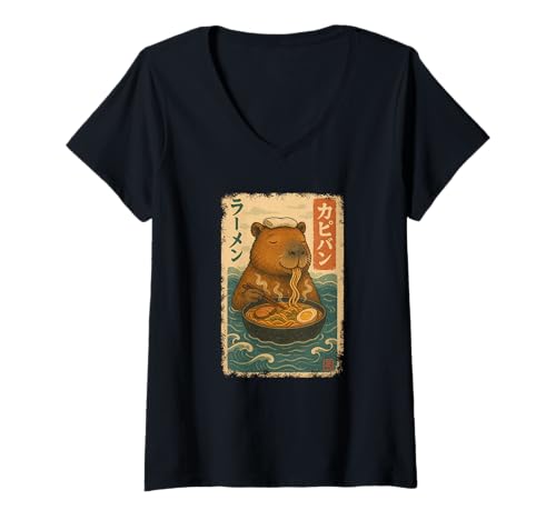 Damen Capybara isst Ramen Nudeln Japanisches Vintage T-Shirt mit V-Ausschnitt von Capybara Ramen Nudeln Retro Kawaii Shop