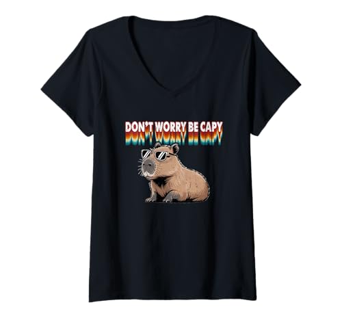 Damen Don't Worry Be Capy Capybara Chill Sonnenbrille T-Shirt mit V-Ausschnitt Damen Don't Worry Be Capy Capybara Chill Sonnenbrille T-Shirt mit V-Ausschnitt von Capybara Relaxation Humor Vibes Fun