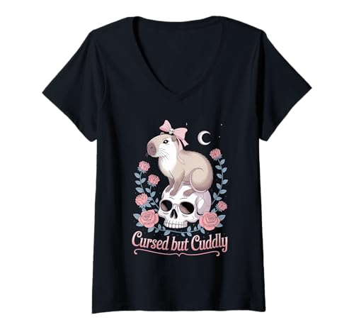 Damen Cursed But Cuddly Capybara Roses T-Shirt mit V-Ausschnitt Damen Cursed But Cuddly Capybara Roses T-Shirt mit V-Ausschnitt von Capybara Rose Whimsical Gothic