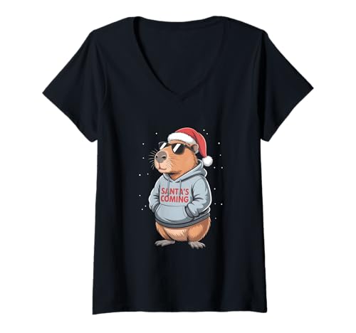 Damen Capybara Sonnenbrille Santa Christmas T-Shirt mit V-Ausschnitt Damen Capybara Sonnenbrille Santa Christmas T-Shirt mit V-Ausschnitt von Capybara Santa Christmas Pajamas