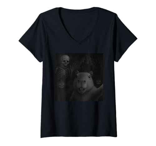 Damen Capybara Selfie with Skeleton Halloween Funny T-Shirt mit V-Ausschnitt Damen Capybara Selfie with Skeleton Halloween Funny T-Shirt mit V-Ausschnitt von Capybara Selfie With Skeleton Funny Apparel
