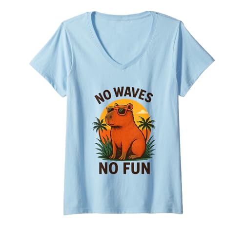 Damen Keine Wellen Kein Spaß Capybara Sun Palm Vibes T-Shirt mit V-Ausschnitt Damen Keine Wellen Kein Spaß Capybara Sun Palm Vibes T-Shirt mit V-Ausschnitt von Capybara Surf Vibes Palm Sunset Fun