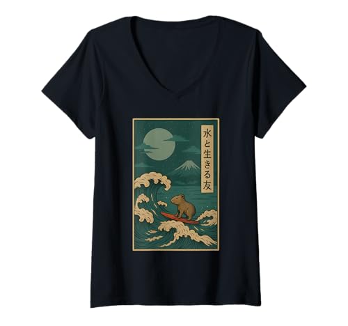Damen Japanische Capybara Surfen Wave Great Wave Men Women Kids T-Shirt mit V-Ausschnitt von Capybara Surfer Funny Surf Animal Apparel