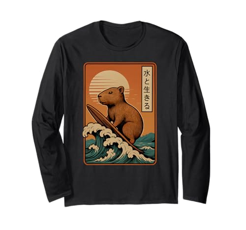 Japanische Capybara Surfen Wave Great Wave Japan Männer Frauen Langarmshirt von Capybara Surfer Funny Surf Animal Apparel