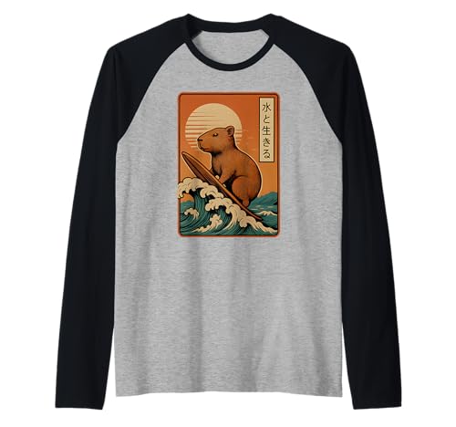 Japanische Capybara Surfen Wave Great Wave Japan Männer Frauen Raglan von Capybara Surfer Funny Surf Animal Apparel