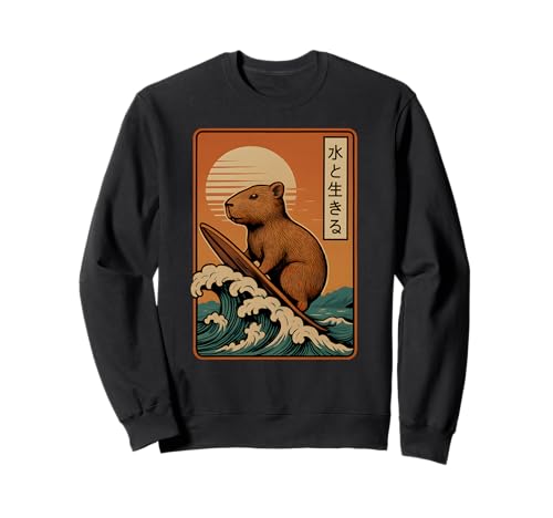 Japanische Capybara Surfen Wave Great Wave Japan Männer Frauen Sweatshirt von Capybara Surfer Funny Surf Animal Apparel