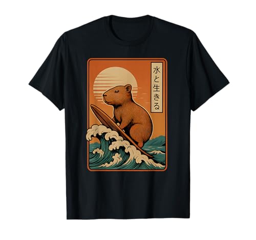 Japanische Capybara Surfen Wave Great Wave Japan Männer Frauen T-Shirt von Capybara Surfer Funny Surf Animal Apparel