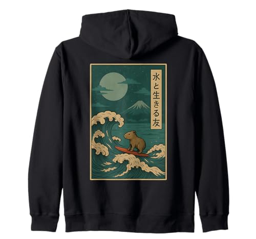 Japanische Capybara Surfen Wave Great Wave Men Women Kids Kapuzenjacke von Capybara Surfer Funny Surf Animal Apparel