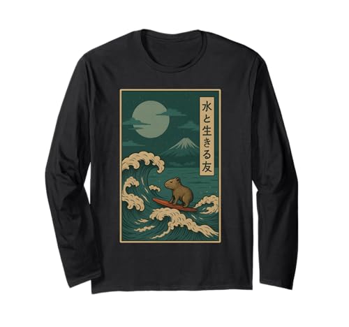 Japanische Capybara Surfen Wave Great Wave Men Women Kids Langarmshirt von Capybara Surfer Funny Surf Animal Apparel