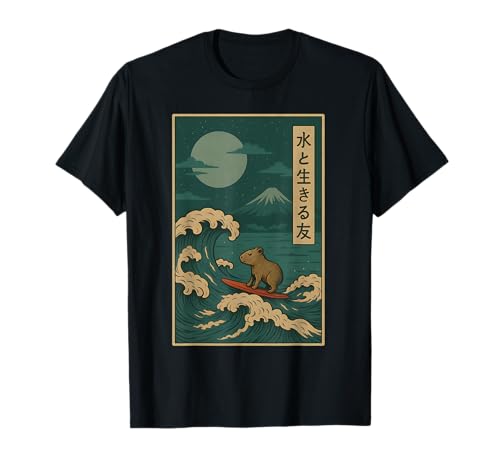 Japanische Capybara Surfen Wave Great Wave Men Women Kids T-Shirt von Capybara Surfer Funny Surf Animal Apparel