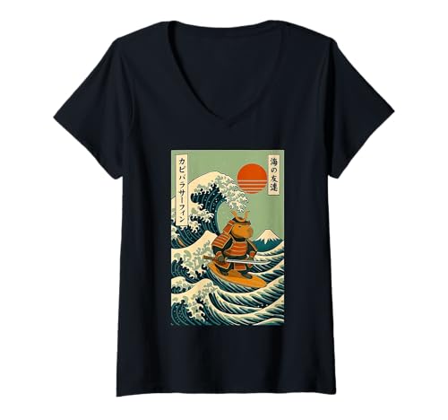 Damen Capybara Samurai Japanische Welle Japan T-Shirt mit V-Ausschnitt Damen Capybara Samurai Japanische Welle Japan T-Shirt mit V-Ausschnitt von Capybara Surfer Große Welle Anime Kawaii Ästhetik