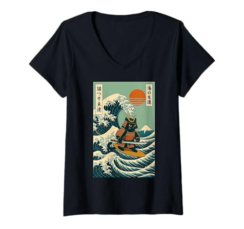 Damen Katze Samurai Surfen Japanische Welle Japan T-Shirt mit V-Ausschnitt Damen Katze Samurai Surfen Japanische Welle Japan T-Shirt mit V-Ausschnitt von Capybara Surfer Große Welle Katana Anime Kawaii