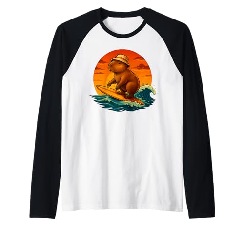 Capybara Surfing Wave Great Wave Herren Damen Kinder Raglan von Capybara Surfer Wave Funny Surf Animal Apparel