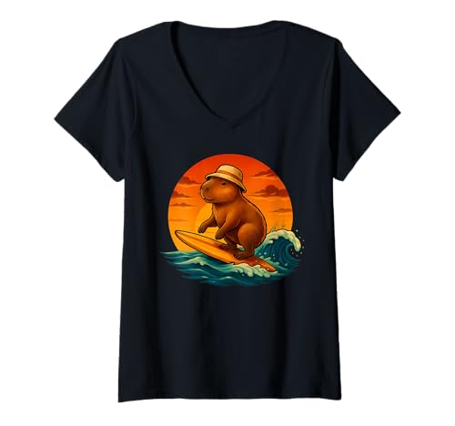 Damen Capybara Surfing Wave Great Wave Herren Damen Kinder T-Shirt mit V-Ausschnitt Damen Capybara Surfing Wave Great Wave Herren Damen Kinder T-Shirt mit V-Ausschnitt von Capybara Surfer Wave Funny Surf Animal Apparel