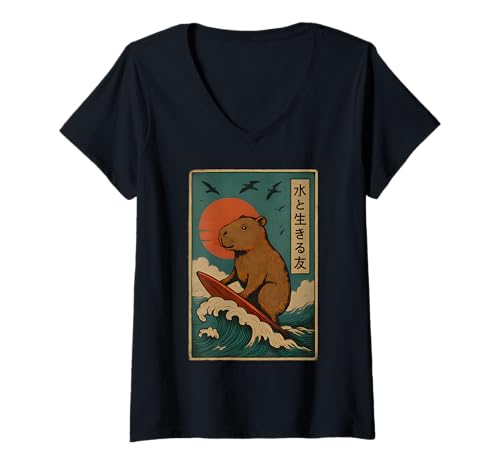 Damen Japanische Capybara Surfen Wave Great Wave Kinder Männer Frauen T-Shirt mit V-Ausschnitt von Capybara Surfing Japanese Apparel For Men Women