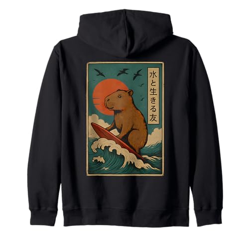 Japanische Capybara Surfen Wave Great Wave Kinder Männer Frauen Kapuzenjacke von Capybara Surfing Japanese Apparel For Men Women