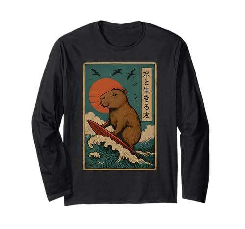 Japanische Capybara Surfen Wave Great Wave Kinder Männer Frauen Langarmshirt von Capybara Surfing Japanese Apparel For Men Women