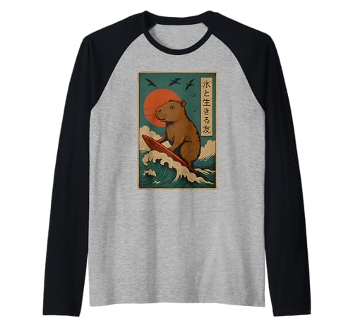 Japanische Capybara Surfen Wave Great Wave Kinder Männer Frauen Raglan von Capybara Surfing Japanese Apparel For Men Women