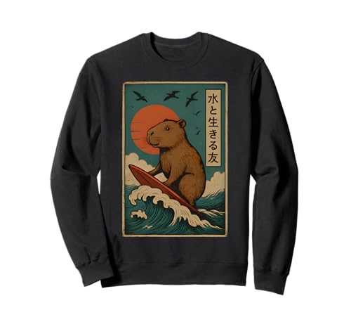 Japanische Capybara Surfen Wave Great Wave Kinder Männer Frauen Sweatshirt von Capybara Surfing Japanese Apparel For Men Women
