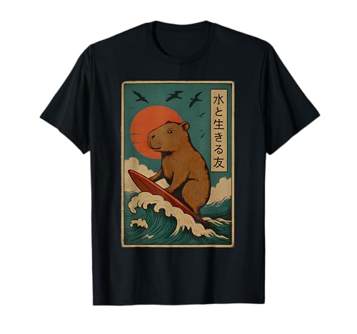Japanische Capybara Surfen Wave Great Wave Kinder Männer Frauen T-Shirt von Capybara Surfing Japanese Apparel For Men Women