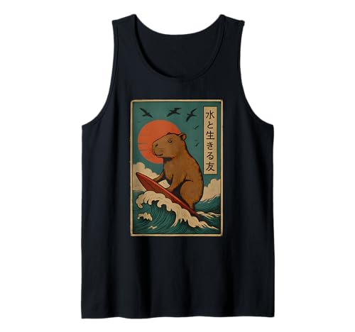 Japanische Capybara Surfen Wave Great Wave Kinder Männer Frauen Tank Top von Capybara Surfing Japanese Apparel For Men Women
