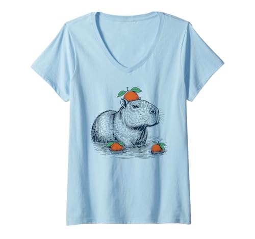 Damen Capybara mit Orange auf dem Kopf Capybara Capy T-Shirt mit V-Ausschnitt Damen Capybara mit Orange auf dem Kopf Capybara Capy T-Shirt mit V-Ausschnitt von Capybara Tiere Capybara Geschenke