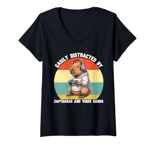Damen Leicht abgelenkt von Capybaras und Videospielen Kinder Jungen T-Shirt mit V-Ausschnitt von Capybara Video Game Lover for Boys Men Kids