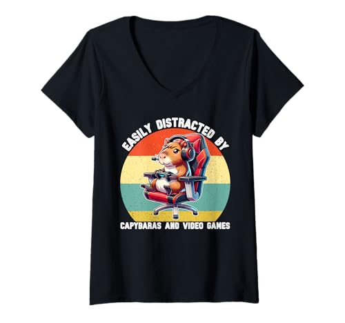 Damen Leicht abgelenkt von Capybaras und Videospielen Kinder Männer Jungen T-Shirt mit V-Ausschnitt von Capybara Video Game Lover for Boys Men Kids