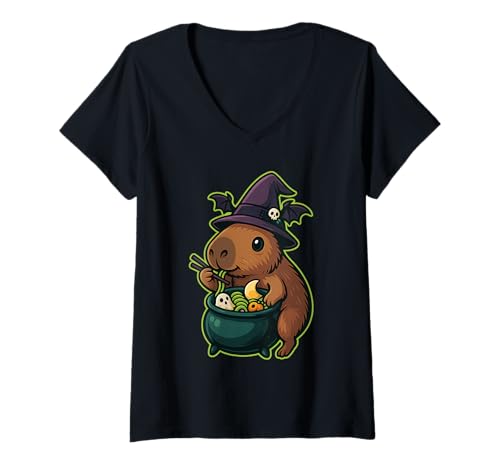 Damen Hexen Capybara Ramen im Kessel Kawaii Halloween T-Shirt mit V-Ausschnitt von Capybara Wasserschwein Nudelschale Geist Kürbis