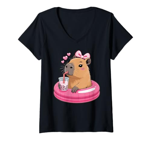 Damen Funny Capybara on Pool Float Drinking Boba Bubble Tea T-Shirt mit V-Ausschnitt von Capybara Wildlife Animal Clothing Co.
