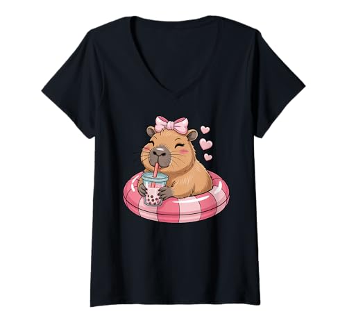 Damen Funny Capybara on Pool Float Drinking Boba Bubble Tea T-Shirt mit V-Ausschnitt von Capybara Wildlife Animal Clothing Co.