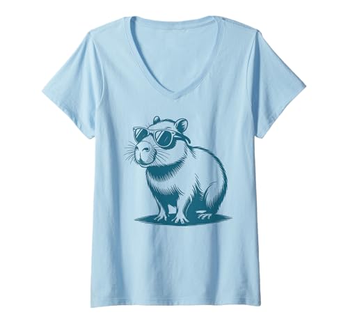 Damen Funny Capybaras Cute Rodents Capybara in Sunglasses T-Shirt mit V-Ausschnitt von Capybara Wildlife Animal Clothing Co.