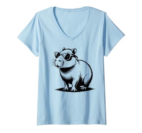 Damen Funny Capybaras Cute Rodents Capybara in Sunglasses T-Shirt mit V-Ausschnitt Damen Funny Capybaras Cute Rodents Capybara in Sunglasses T-Shirt mit V-Ausschnitt von Capybara Wildlife Animal Clothing Co.