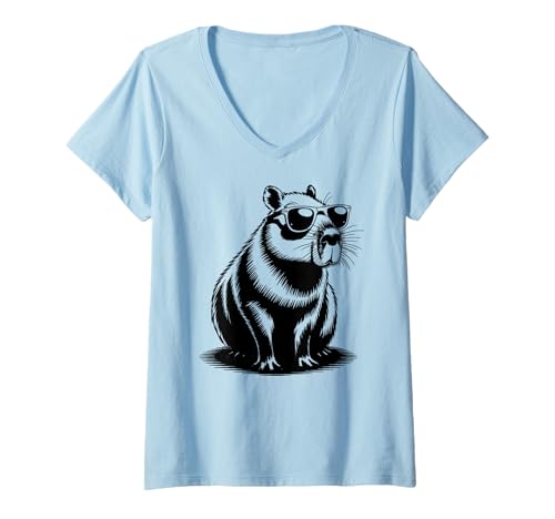 Damen Funny Capybaras Cute Rodents Capybara in Sunglasses T-Shirt mit V-Ausschnitt Damen Funny Capybaras Cute Rodents Capybara in Sunglasses T-Shirt mit V-Ausschnitt von Capybara Wildlife Animal Clothing Co.