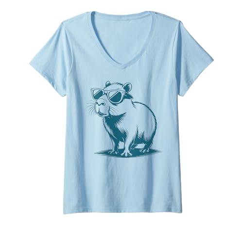 Damen Funny Capybaras Cute Rodents Capybara in Sunglasses T-Shirt mit V-Ausschnitt von Capybara Wildlife Animal Clothing Co.