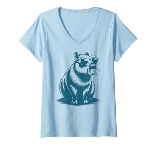 Damen Funny Capybaras Cute Rodents Capybara in Sunglasses T-Shirt mit V-Ausschnitt von Capybara Wildlife Animal Clothing Co.