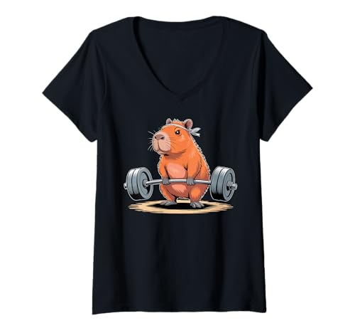 Damen Funny Deadlift Capybara Cute Fitness Capy Gym Lover T-Shirt mit V-Ausschnitt von Capybara Wildlife Animal Clothing Co.