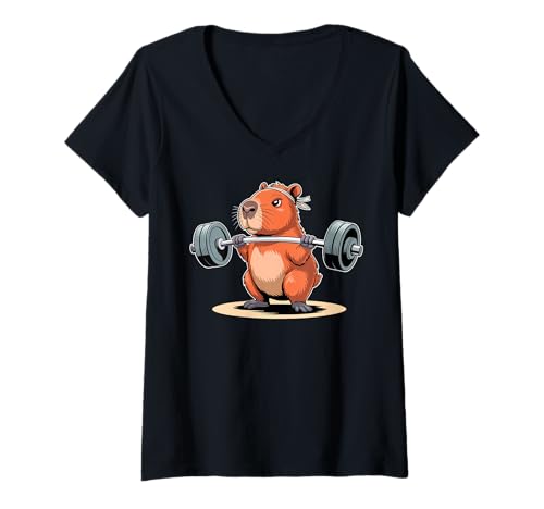 Damen Funny Deadlift Capybara Cute Fitness Capy Gym Lover T-Shirt mit V-Ausschnitt von Capybara Wildlife Animal Clothing Co.