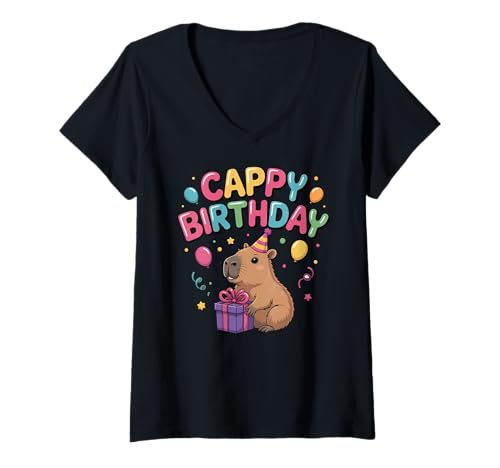 Damen Capybara Lovers Birthday Cappy Happy Birthday Party T-Shirt mit V-Ausschnitt Damen Capybara Lovers Birthday Cappy Happy Birthday Party T-Shirt mit V-Ausschnitt von Capybara Wildlife Animal Pine Tree Clothing Co.