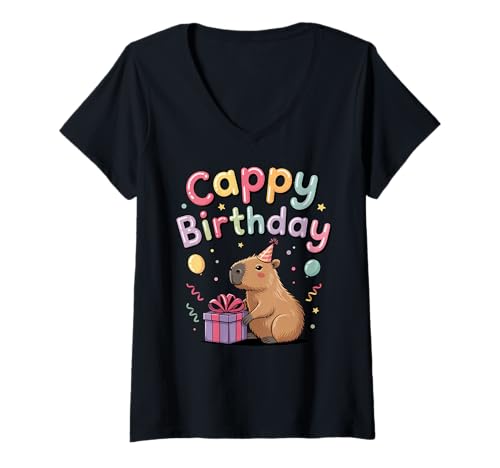 Damen Capybara Lovers Birthday Cappy Happy Birthday Party T-Shirt mit V-Ausschnitt Damen Capybara Lovers Birthday Cappy Happy Birthday Party T-Shirt mit V-Ausschnitt von Capybara Wildlife Animal Pine Tree Clothing Co.