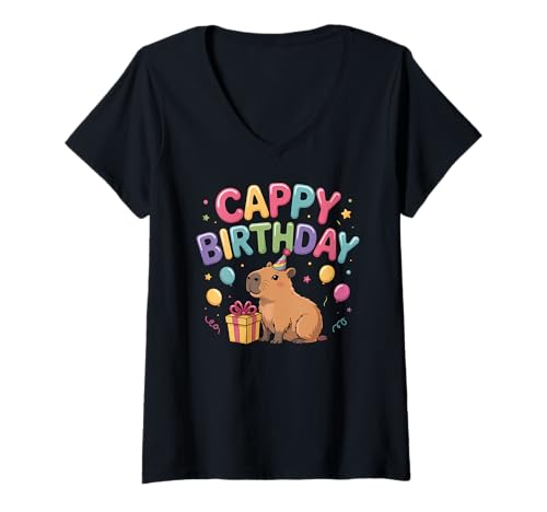 Damen Capybara Lovers Birthday Cappy Happy Birthday Party T-Shirt mit V-Ausschnitt von Capybara Wildlife Animal Pine Tree Clothing Co.
