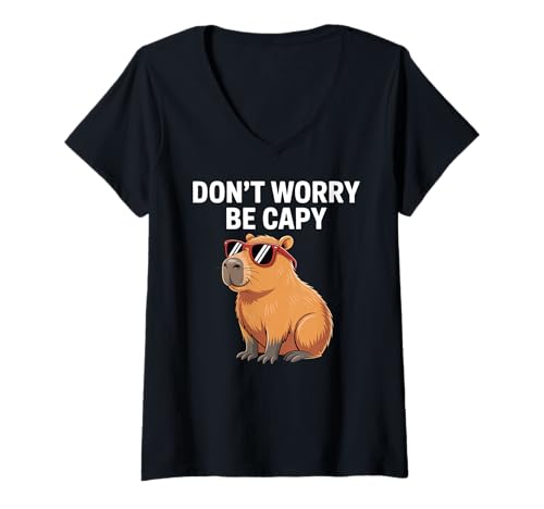 Damen Capybara Vintage Retro Style Awesome Don't Worry, Be Capy T-Shirt mit V-Ausschnitt von Capybara Wildlife Animal Pine Tree Clothing Co.