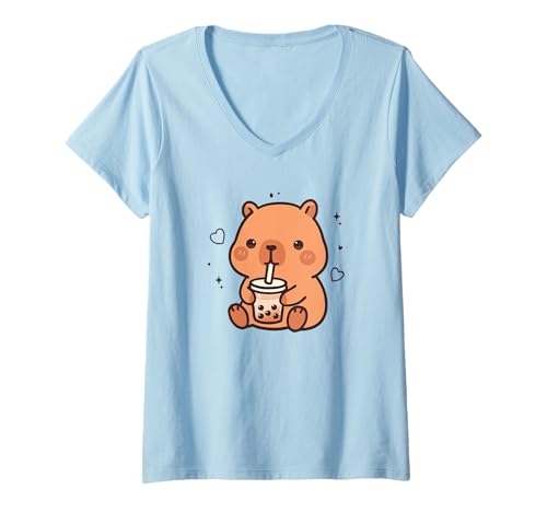 Damen Kawaii Capybara Boba Bubble Tea Cute Anime Mädchen Jungen Teens T-Shirt mit V-Ausschnitt von Capybara lover Boba bubble tea Girls Boys Teens